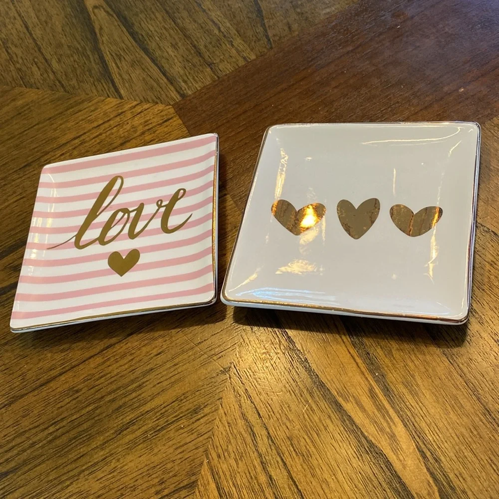 2 Valentine's Day Theme Ceramic Trinket Dishes in Ivory & Pink w/Gold Foil Print